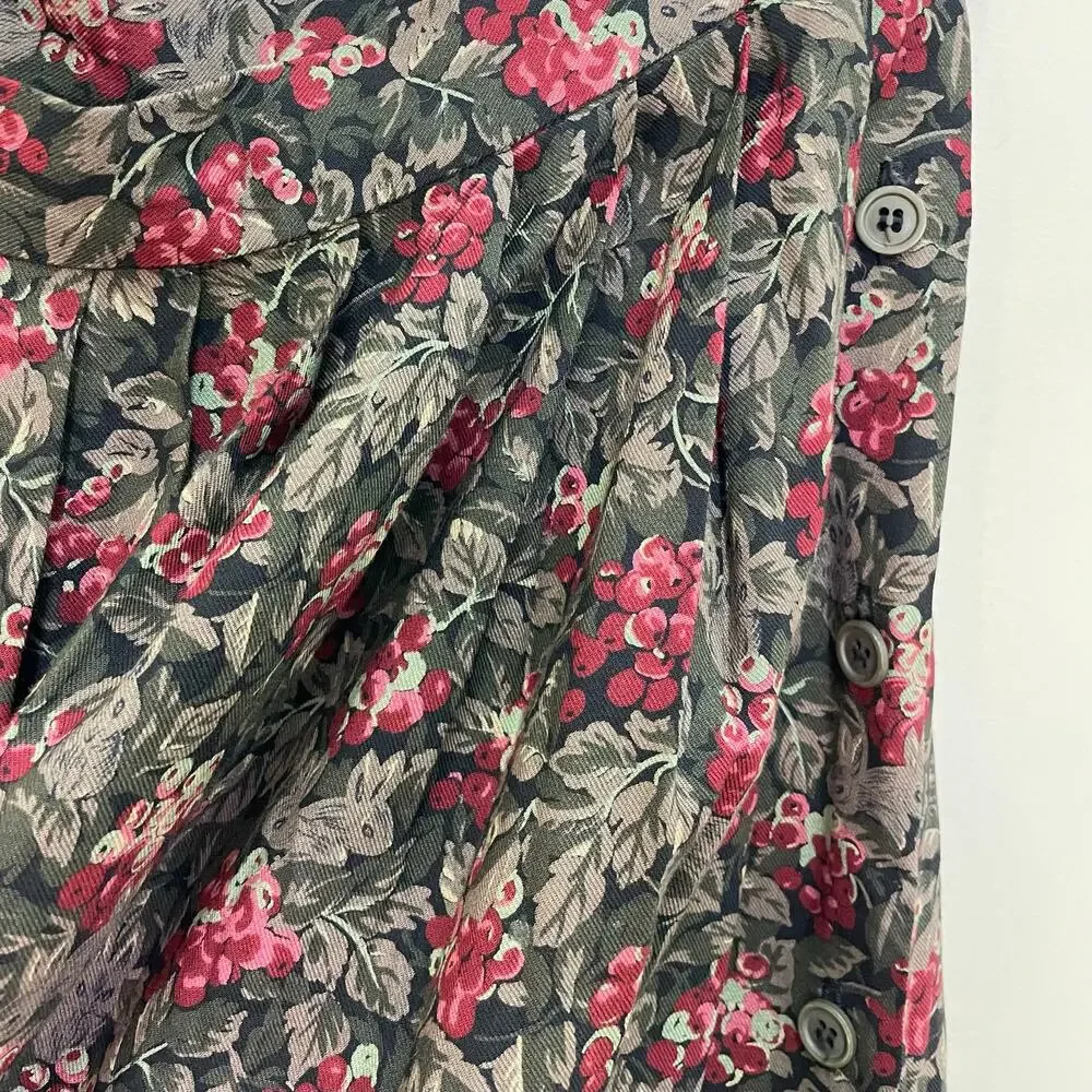 Vintage Susan Bristol Green & Black Rabbit Print Pleated Cottage Midi Skirt Sz 8